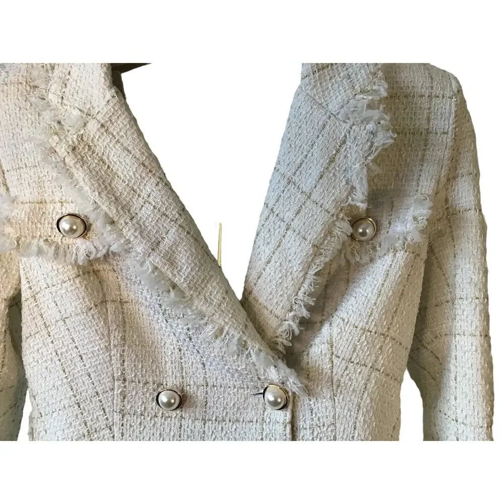 Fashion Nova Ivory Gold Tweed Double Breasted Jacket Women’s SZ L